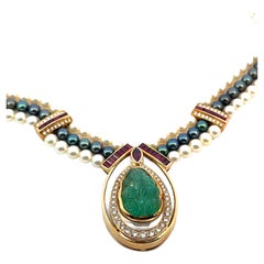 Retro Mauboussin Paris Emerald and Diamond Triple strand Pearls Necklace