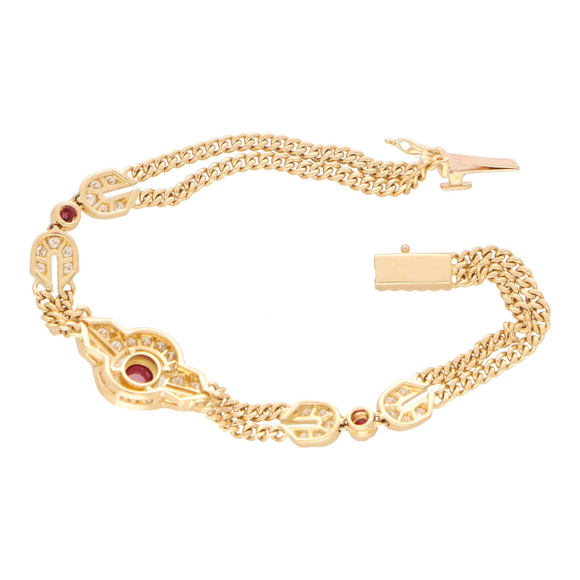 Cabochon Vintage Mauboussin Ruby and Diamond Etruscan Inspired Bracelet in Yellow Gold For Sale