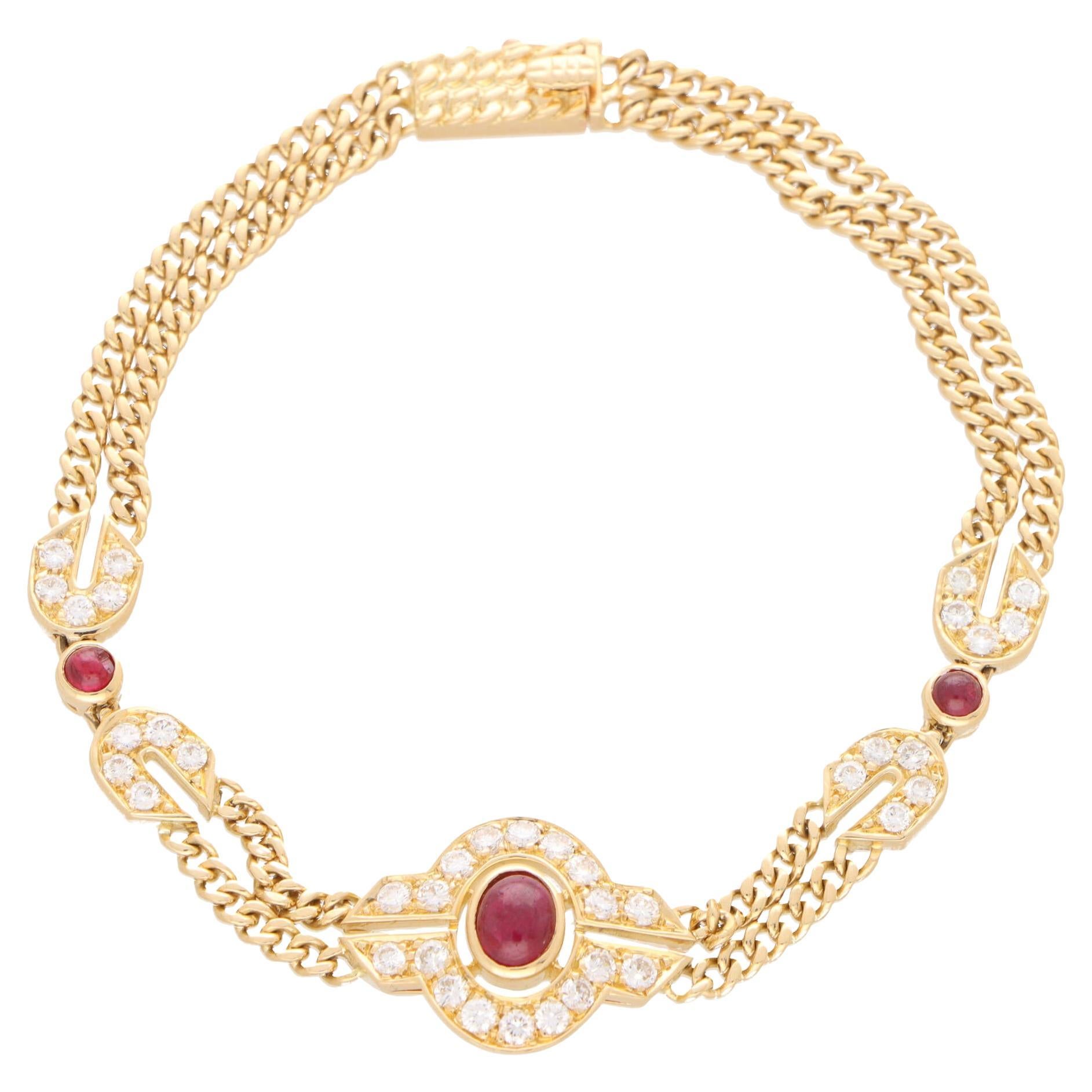 Vintage Mauboussin Ruby and Diamond Etruscan Inspired Bracelet in Yellow Gold