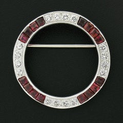 Vintage Maurice Tishman Platinum 3.40ctw Diamond & Ruby Circle Wreath Brooch Pin