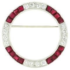 Vintage Maurice Tishman Platinum 3.40ctw Diamond & Ruby Circle Wreath Brooch Pin