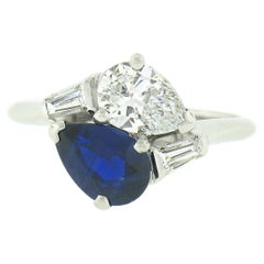 Vintage Maurice Tishman Platinum GIA No Heat Pear Sapphire & Diamond Bypass Ring