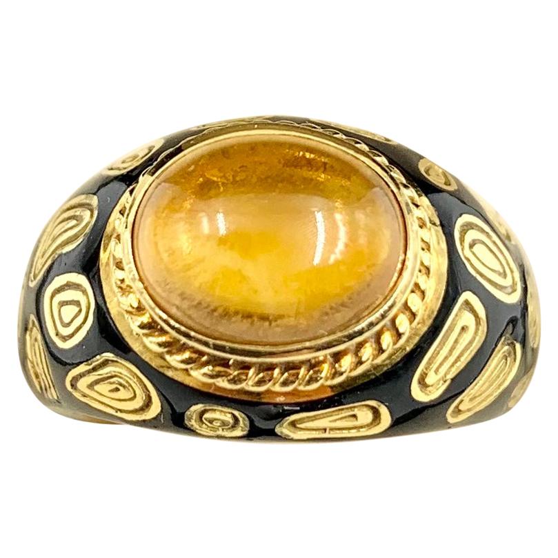 Vintage Mavito 18 Karat Yellow Gold Leopard Eye Enamel Cabochon Citrine Ring For Sale