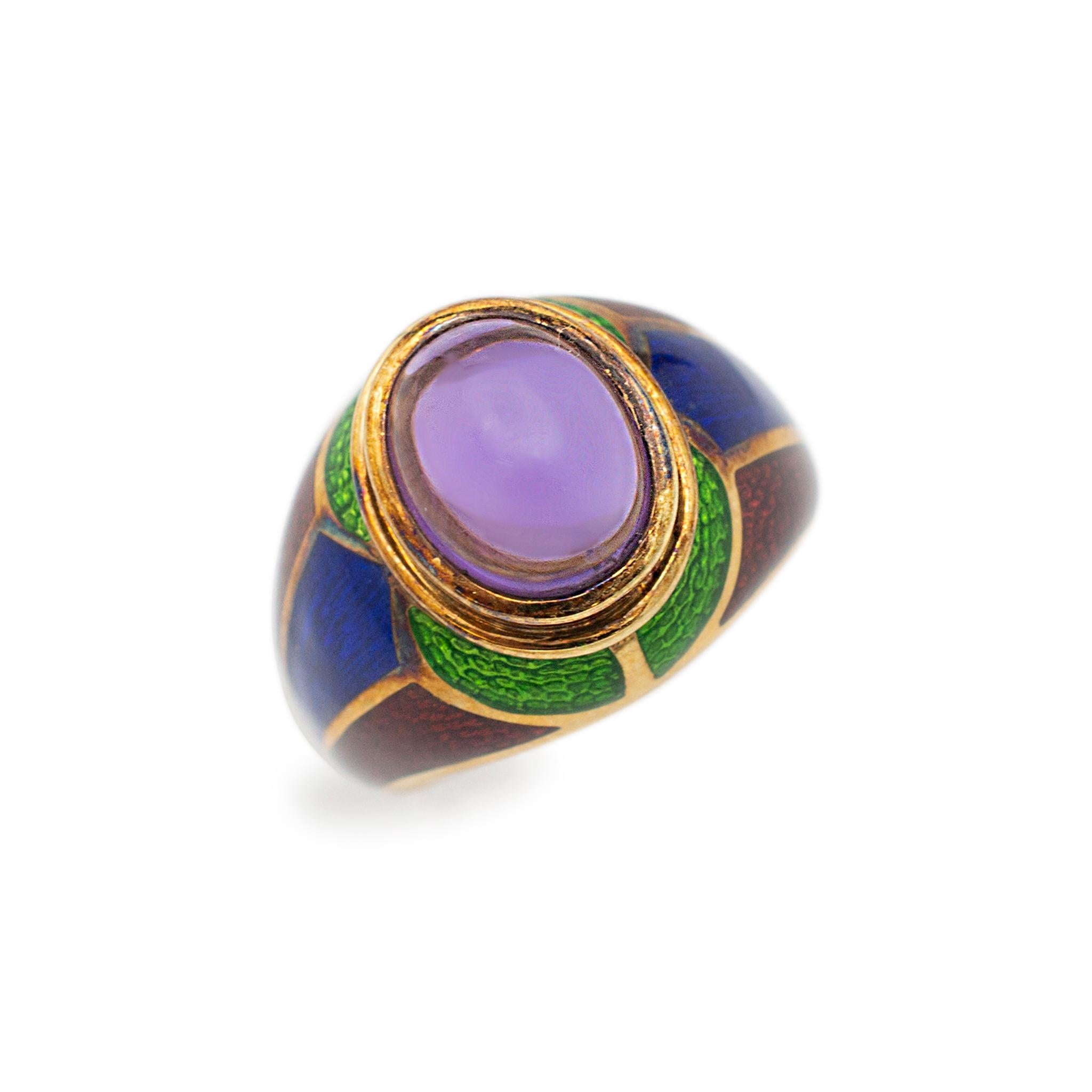 Gender: Ladies

Metal Type: 18K Yellow Gold & Enamel

Size: 6

Shank Maximum Width: 14.65 mm tapering to 4.15 mm

Weight: 10.28 grams

Head Length: 11.55 mm

Head Width: 9.55 mm 

Ladies handmade 18K yellow gold amethyst vintage cocktail ring with a