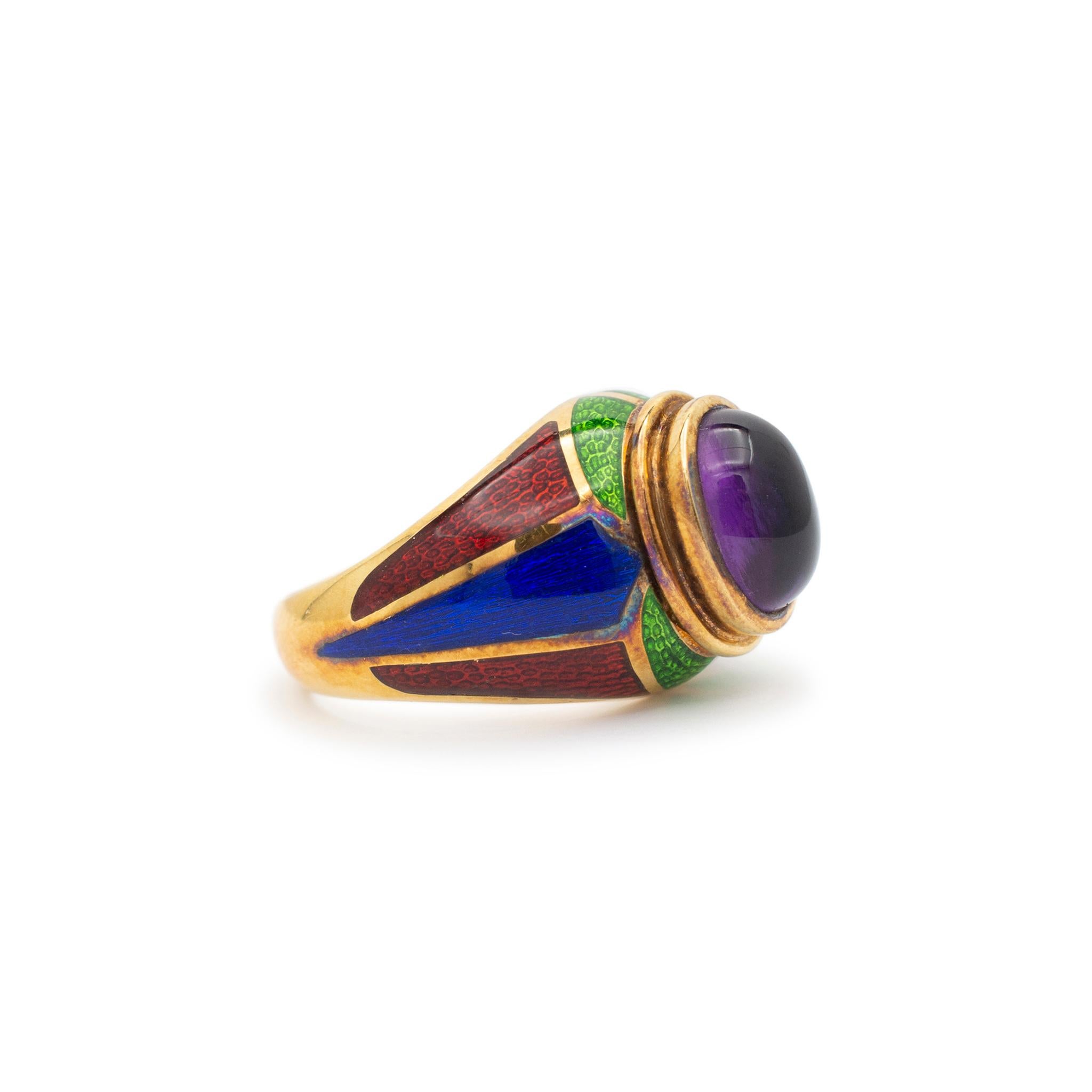 Cabochon Vintage Mavito New York 18K Yellow Gold Amethyst Blue Green Enamel Cocktail Ring For Sale