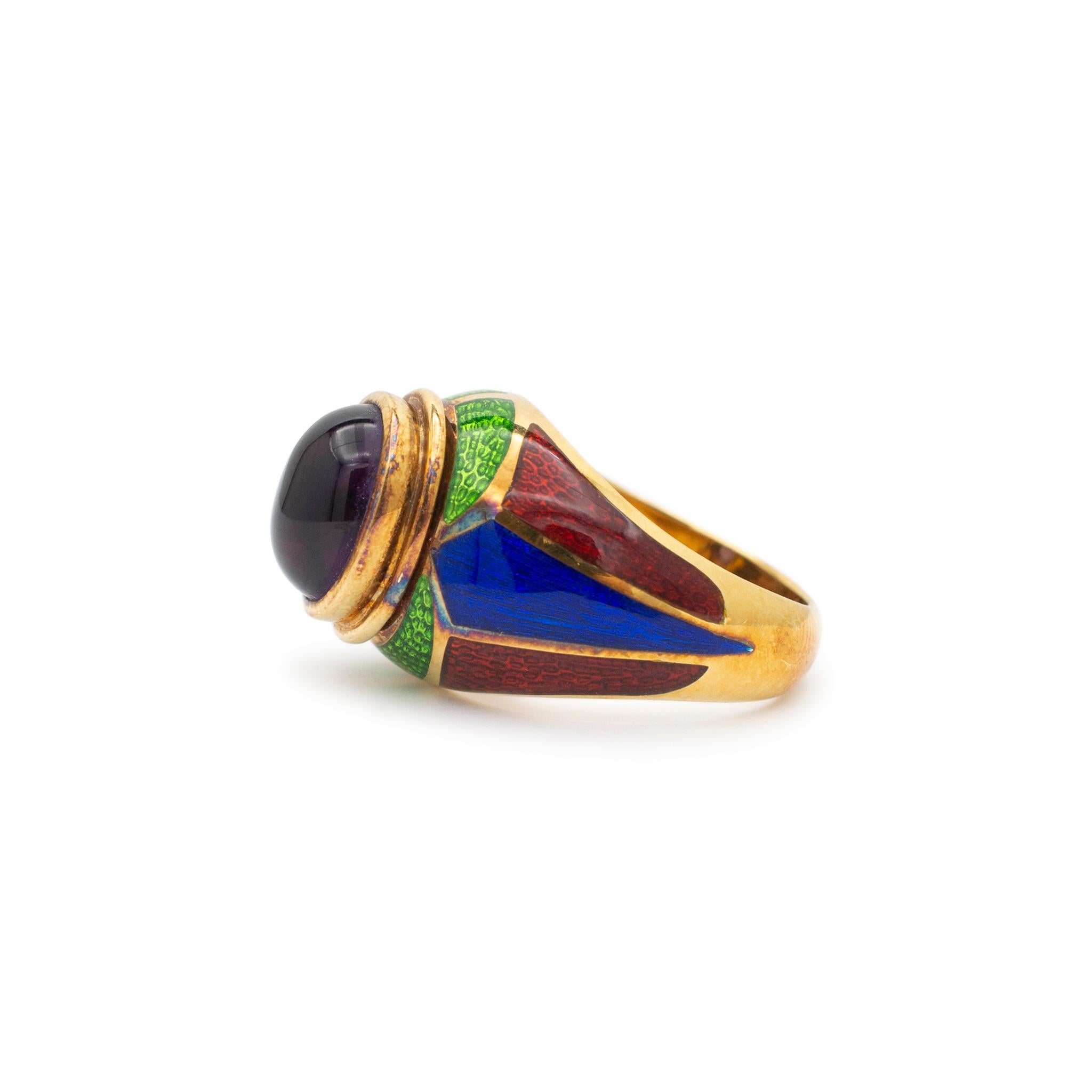 Vintage Mavito New York 18K Yellow Gold Amethyst Blue Green Enamel Cocktail Ring In Excellent Condition For Sale In Houston, TX