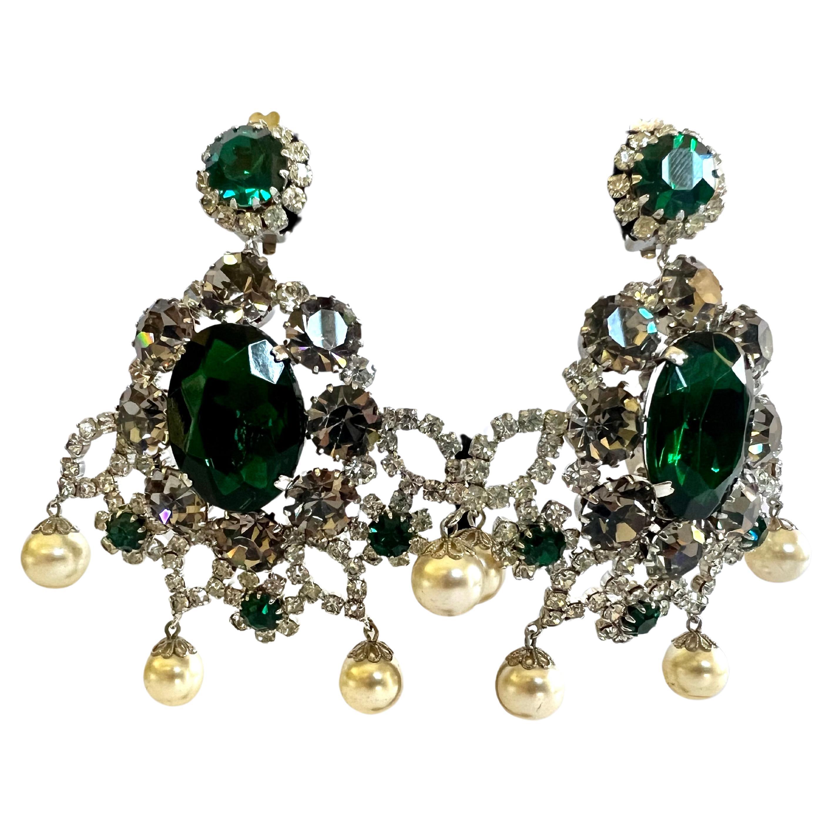 Vintage Max Muller Faux Emerald and Diamante Earrings  For Sale