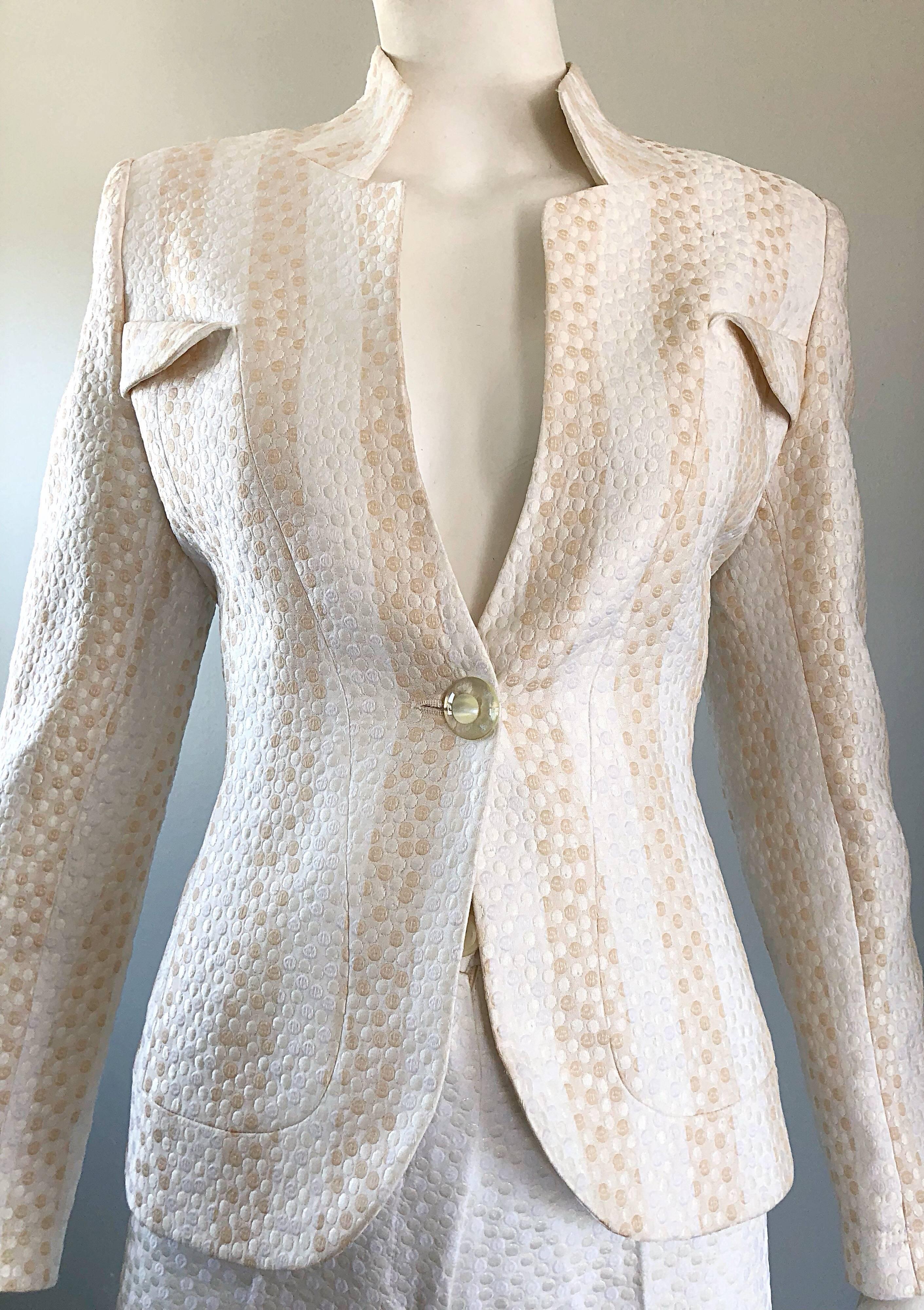 Vintage Max Nugus Couture 1990s White + Beige Polka Dot 90s Tailored Pant Suit 3