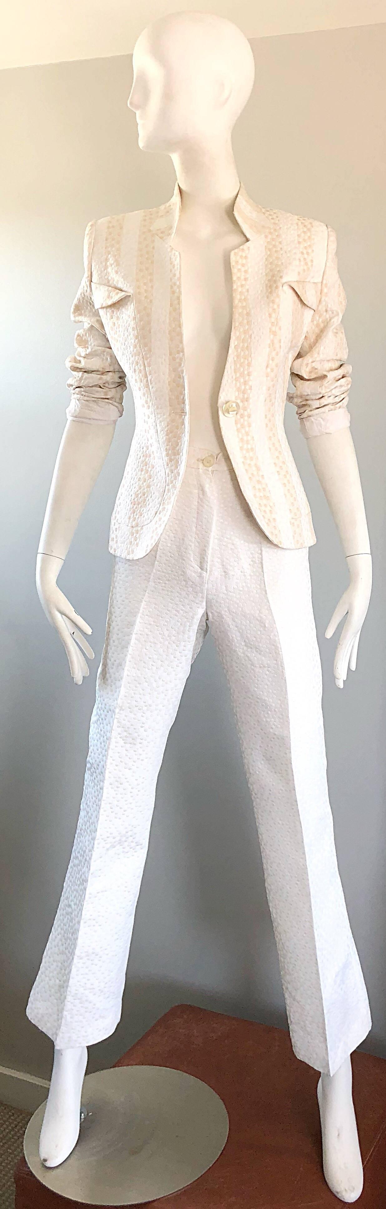Vintage Max Nugus Couture 1990s White + Beige Polka Dot 90s Tailored Pant Suit 4