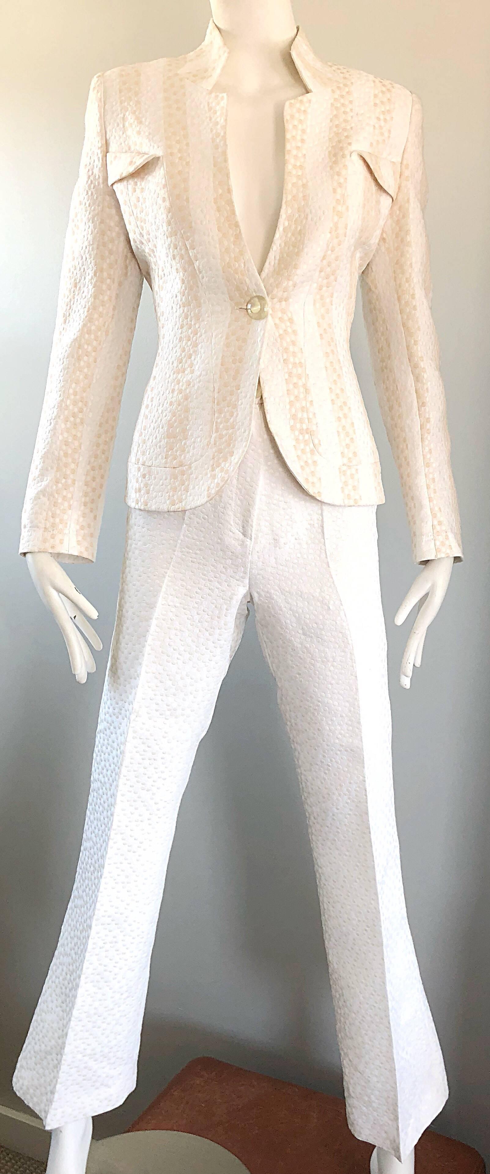 Vintage Max Nugus Couture 1990s White + Beige Polka Dot 90s Tailored Pant Suit 6