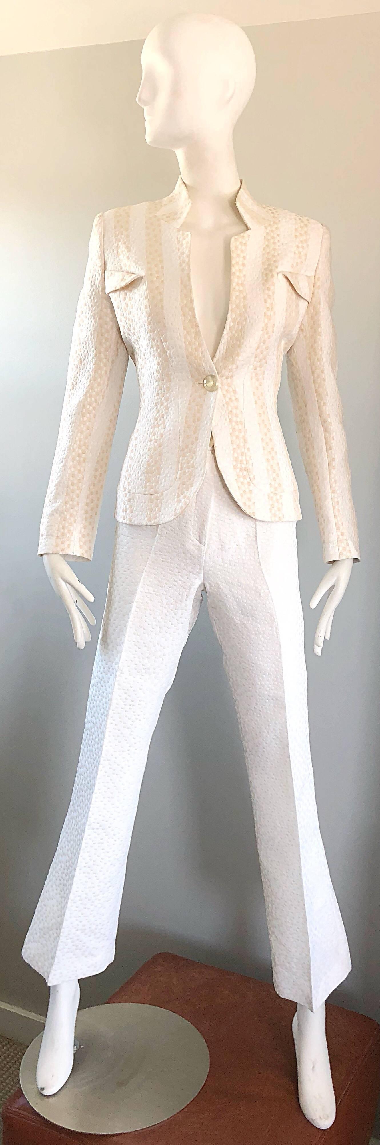 Vintage Max Nugus Couture 1990s White + Beige Polka Dot 90s Tailored Pant Suit 8