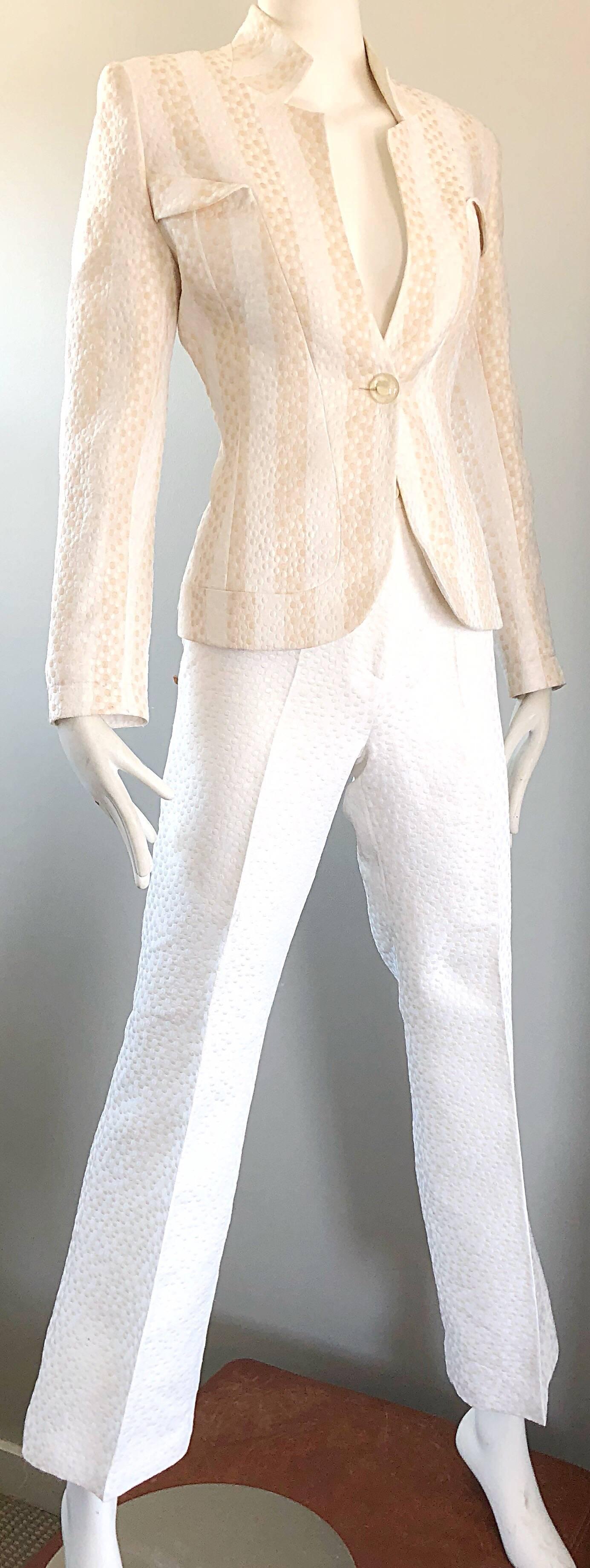 Women's Vintage Max Nugus Couture 1990s White + Beige Polka Dot 90s Tailored Pant Suit