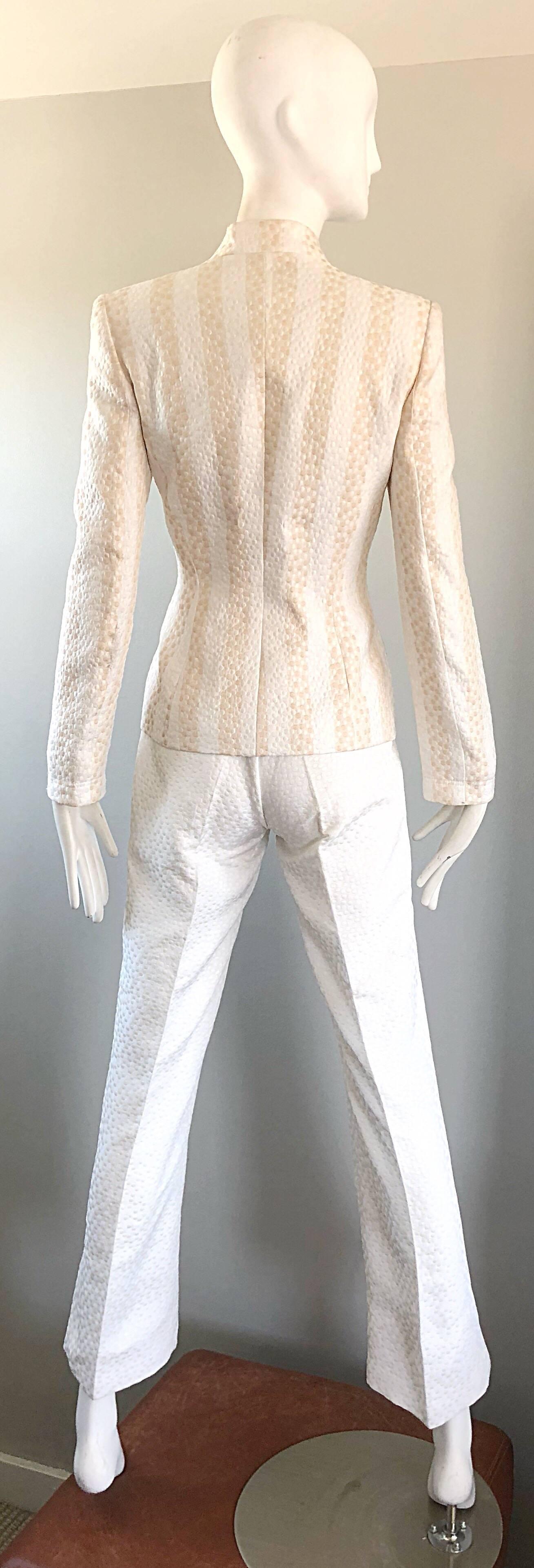 Vintage Max Nugus Couture 1990s White + Beige Polka Dot 90s Tailored Pant Suit 1