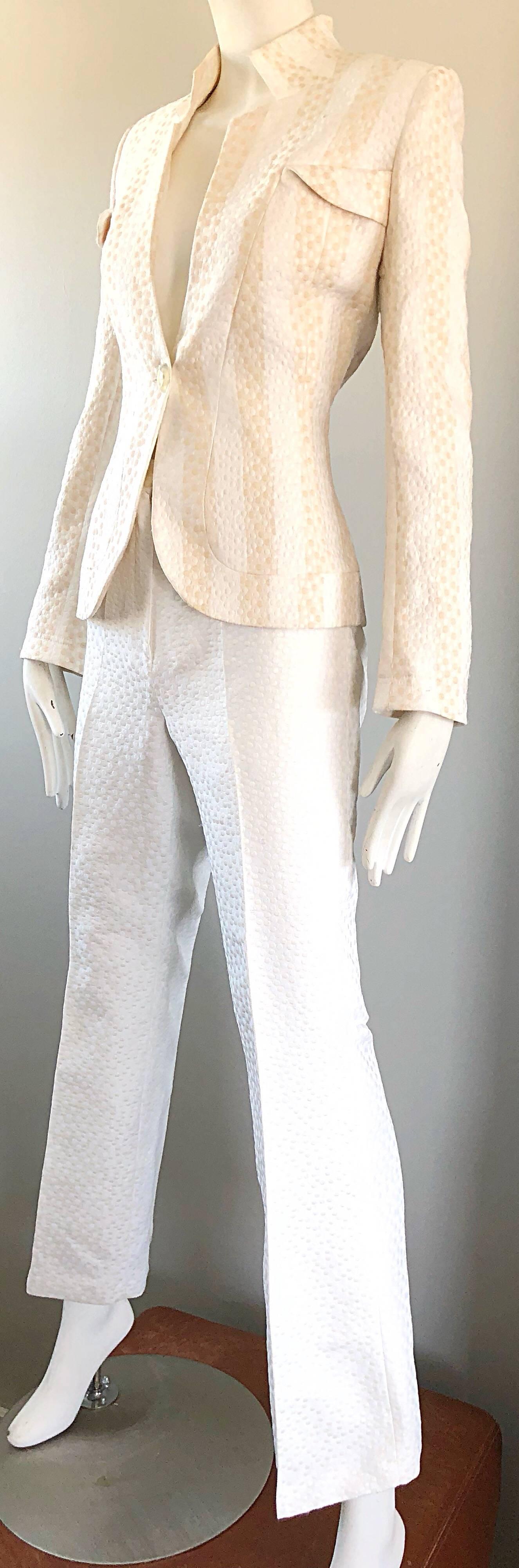 Vintage Max Nugus Couture 1990s White + Beige Polka Dot 90s Tailored Pant Suit 2