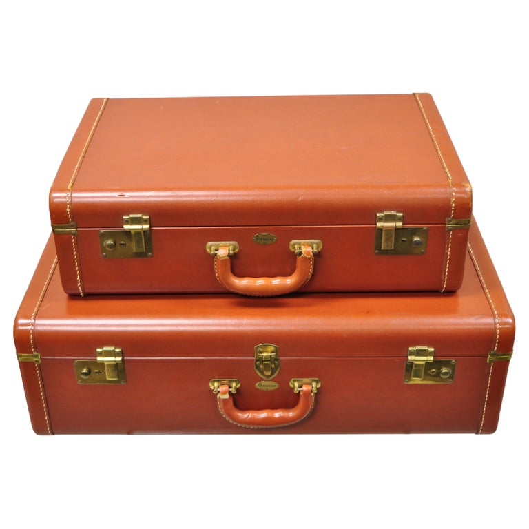 Vintage Maximillion New York Leather Orange Hard Shell Suitcase Luggage