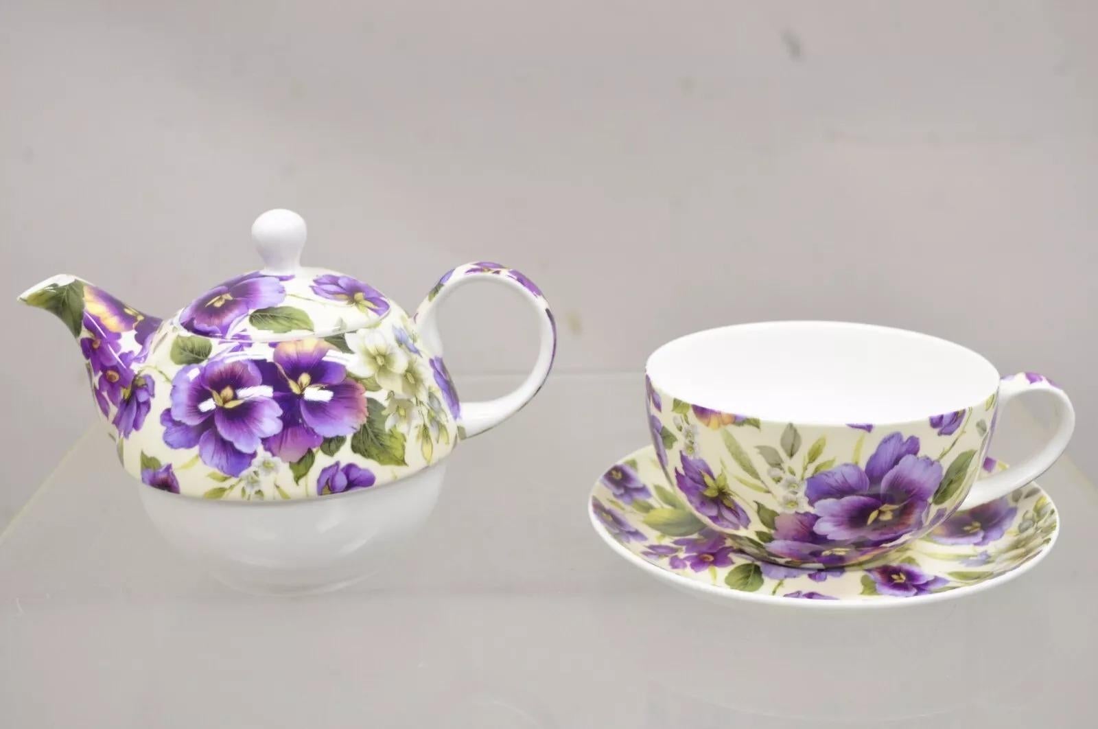 Victorian Vintage Maxwell & Williams “Cream Pansy” Tea Set w/ Teapot, Teacup, & Saucer For Sale