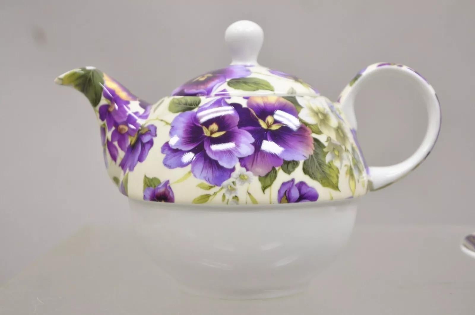 Porcelain Vintage Maxwell & Williams “Cream Pansy” Tea Set w/ Teapot, Teacup, & Saucer For Sale