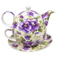 Maxwell & Williams Cremefarbenes Pansy-Teeservice mit Teekanne, Teebecher und Untertasse, Maxwell & Williams