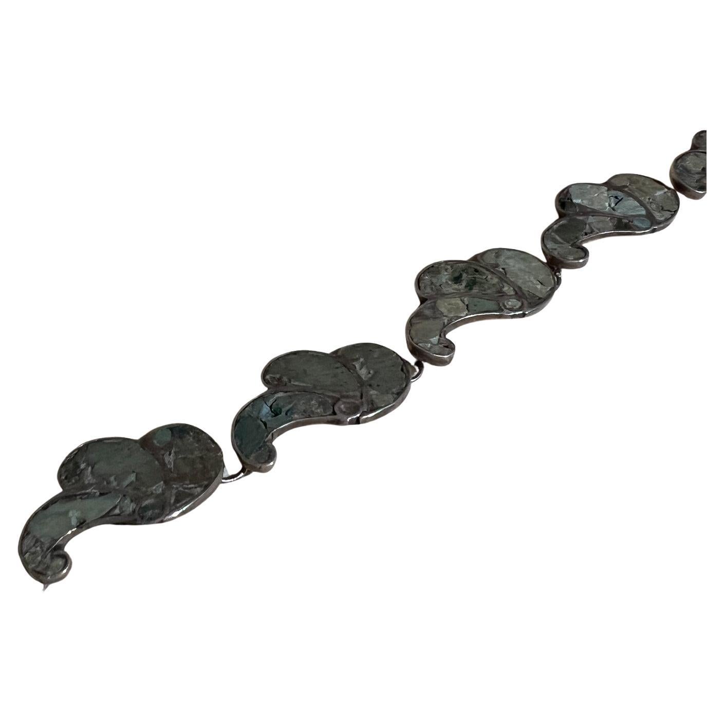 Vintage Mayan Revival Bracelet Sterling & Malachite Taxco Mosaico Azteca