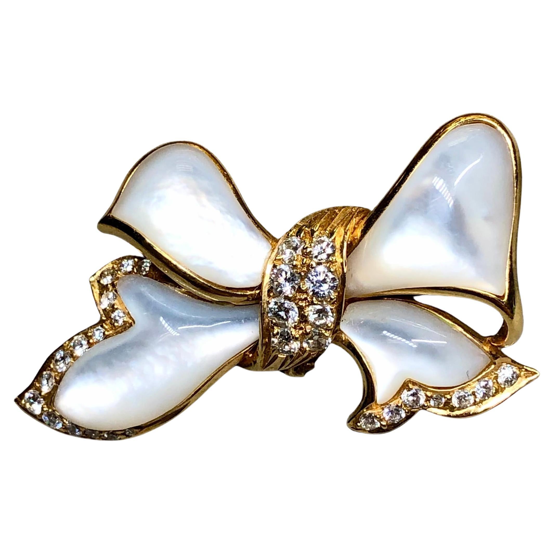 Vintage MAYORS 18K Yellow Gold MOP Diamond Bow Brooch Pendant