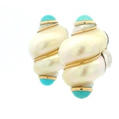 Boucles d'oreilles Vintage MAZ Or 14K Coquillage Jumbo et Turquoise Cabochon
