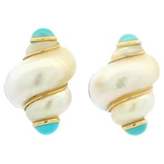 Boucles d'oreilles Vintage MAZ Or 14K Coquillage Jumbo et Turquoise Cabochon
