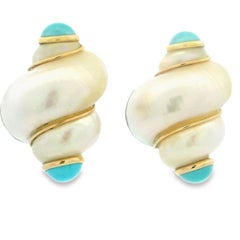 Vintage MAZ 14K Gold Shell Earrings with Turquoise Cabochons
