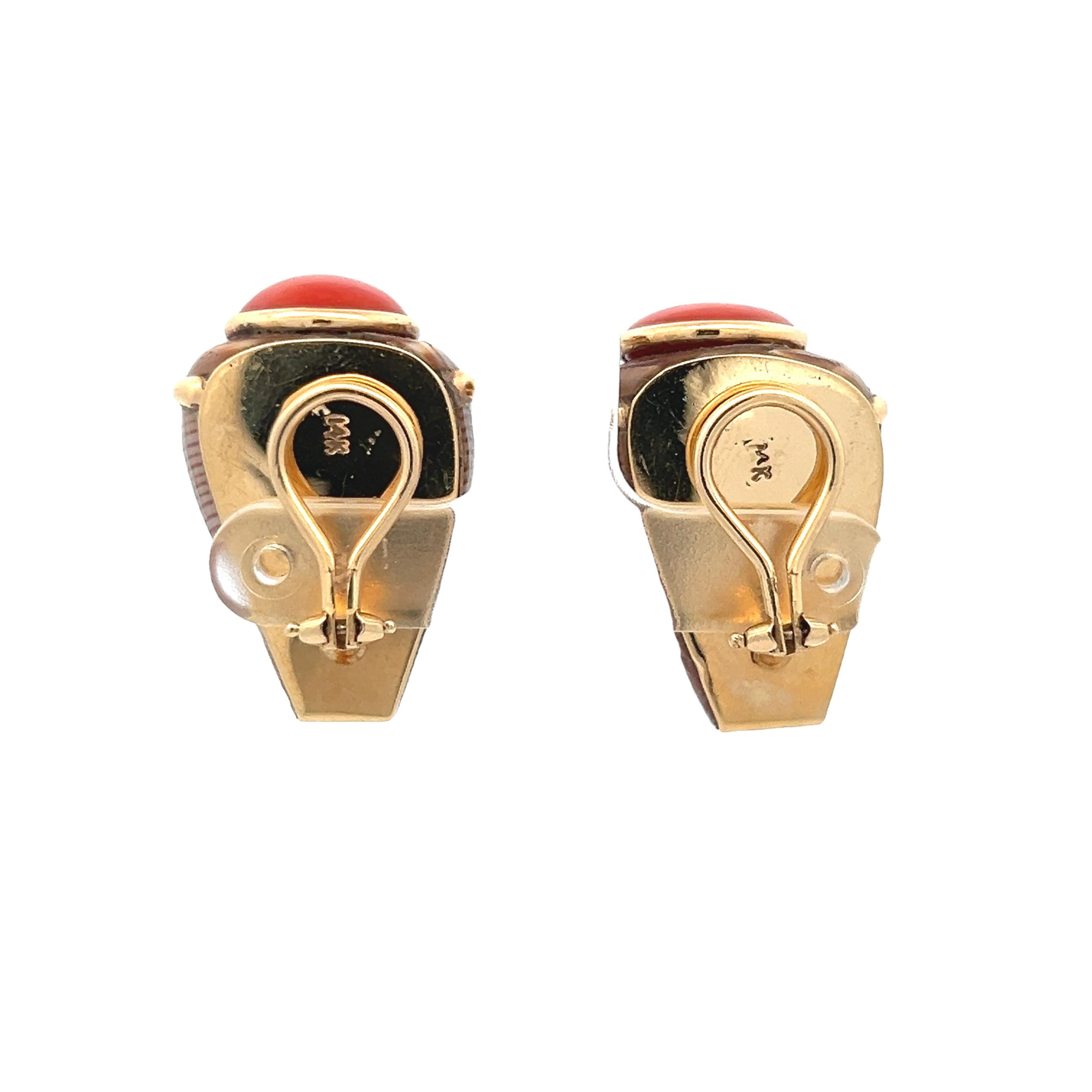 Vintage MAZ Clip-Ohrringe mit Koralle und Muschelschale in 14K Gold 1