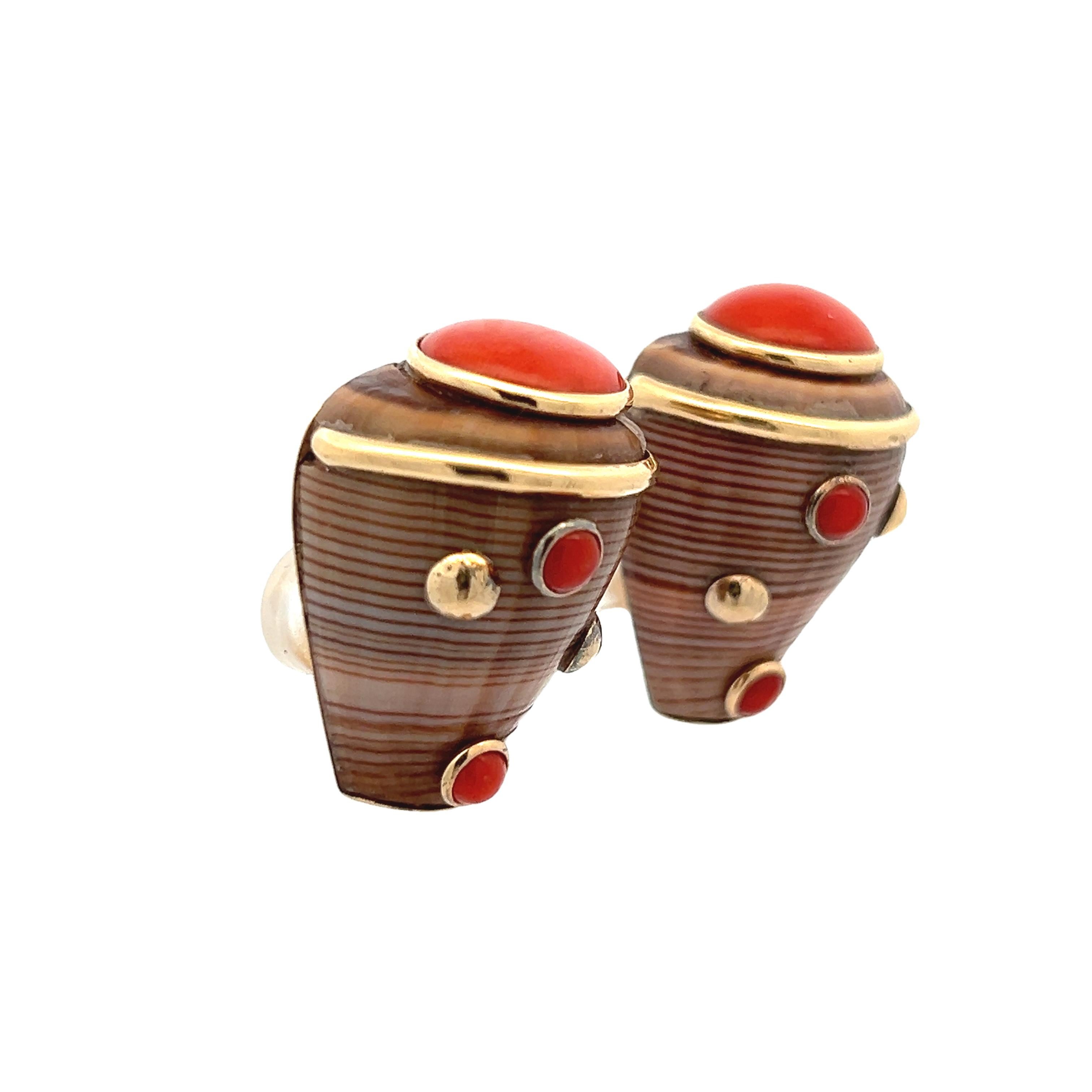 Vintage MAZ Clip-Ohrringe mit Koralle und Muschelschale in 14K Gold 2