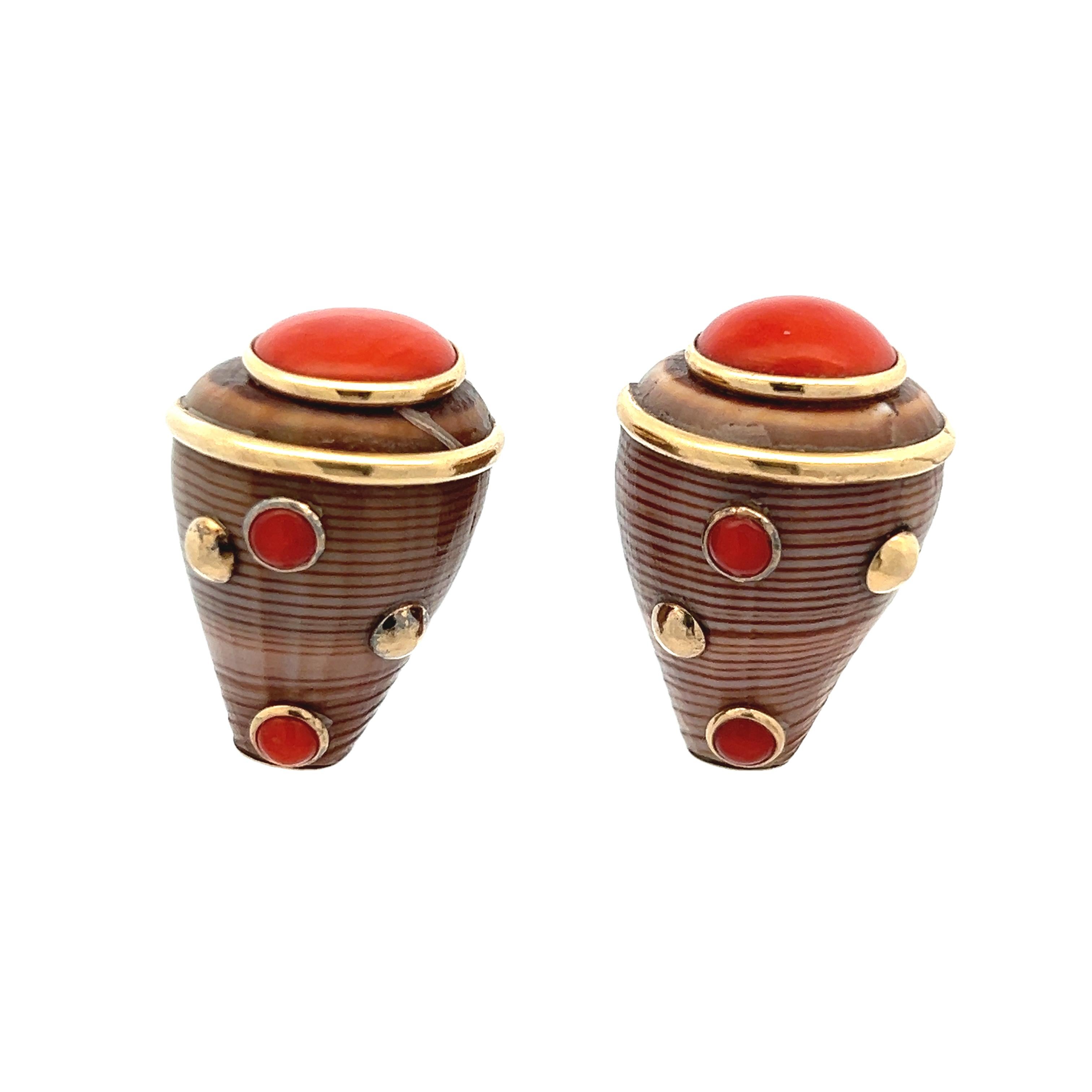 Vintage MAZ Clip-Ohrringe mit Koralle und Muschelschale in 14K Gold 3