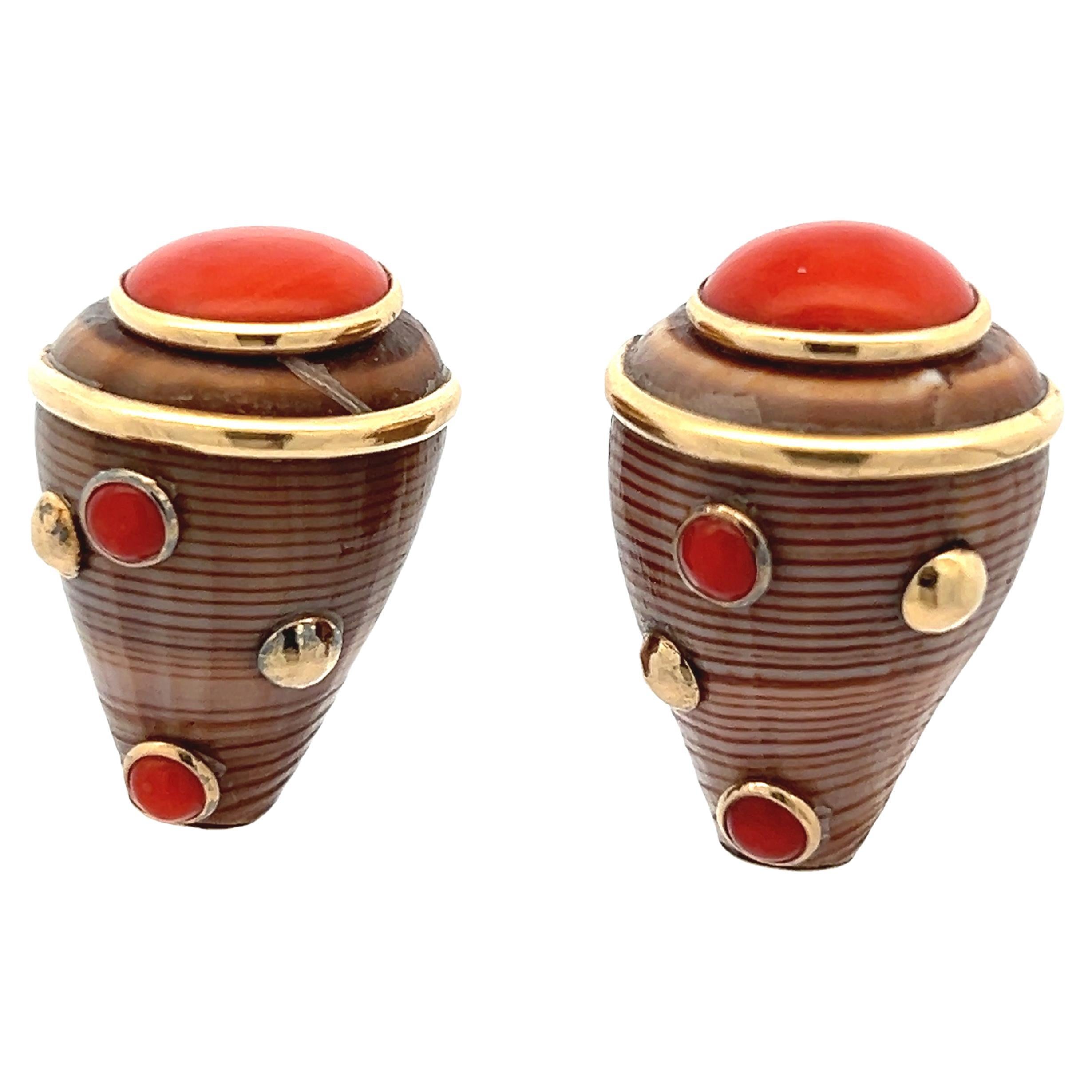 Vintage MAZ Clip Earrings with Coral and Conch Shell in 14K Gold