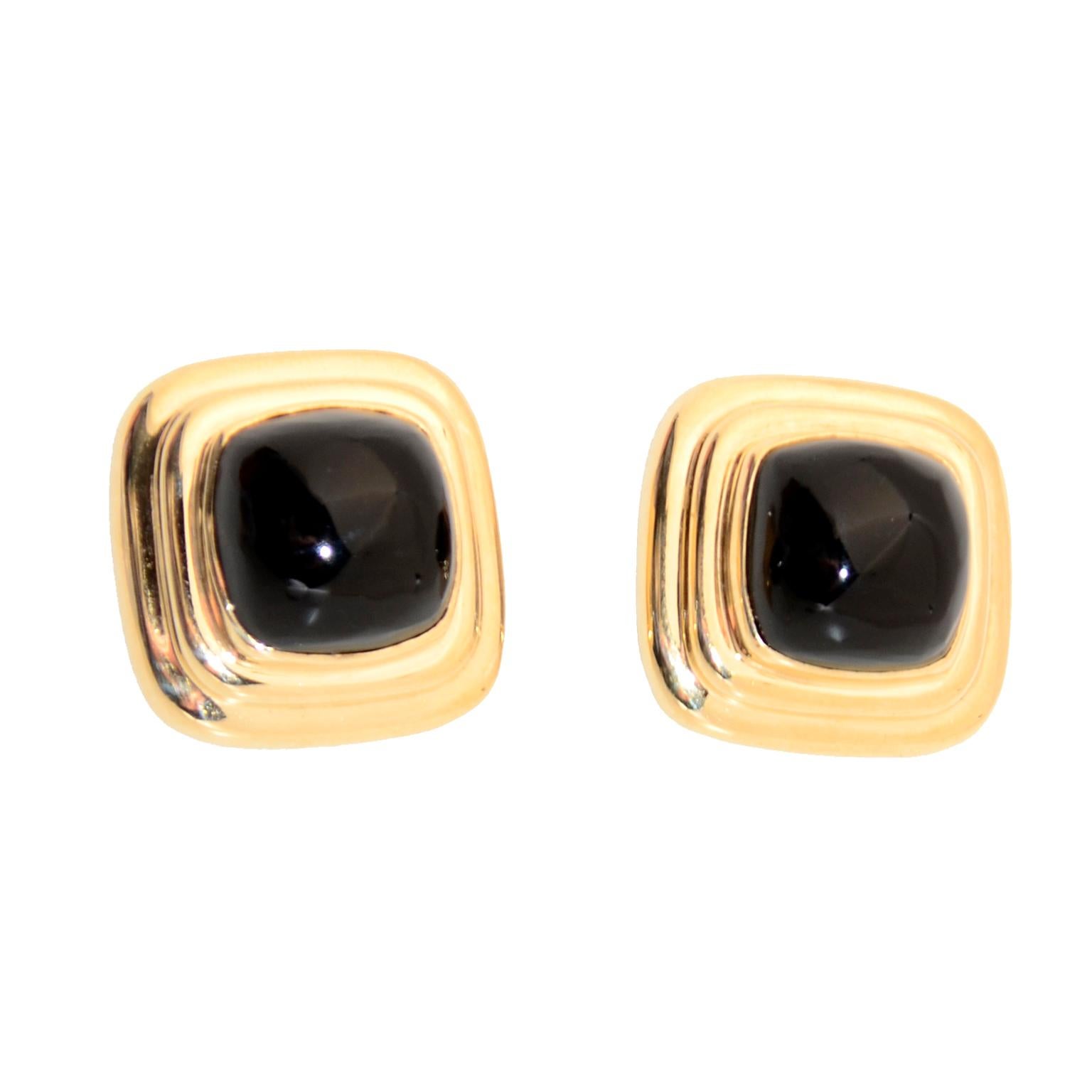 Square Cut Vintage MAZ Square Dome 14k Gold & Onyx Omega Clip Earrings For Sale