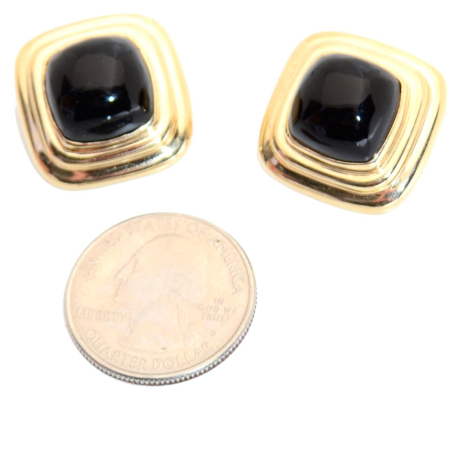 Vintage MAZ Square Dome 14k Gold & Onyx Omega Clip Earrings For Sale 1