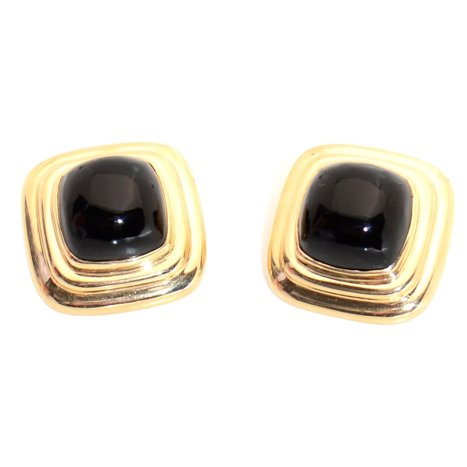 Vintage MAZ Square Dome 14k Gold & Onyx Omega Clip Earrings For Sale