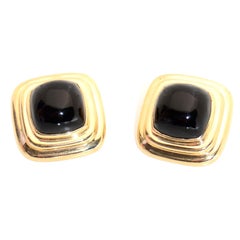 Vintage MAZ Square Dome 14k Gold & Onyx Omega Clip Earrings