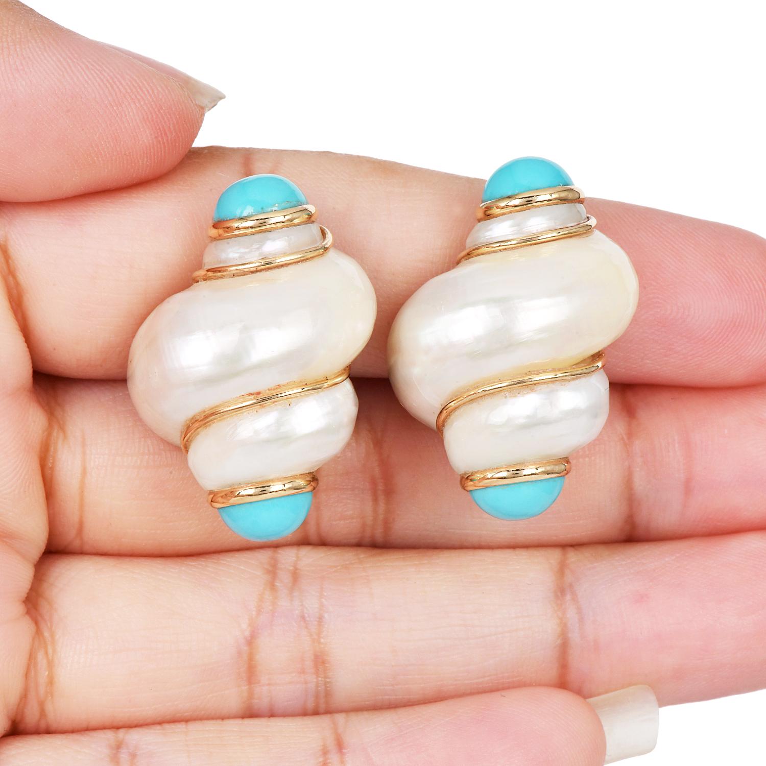 Boucles d'oreilles à clip en or 14k avec turquoise et coquillage de la marque Maz Pour femmes en vente