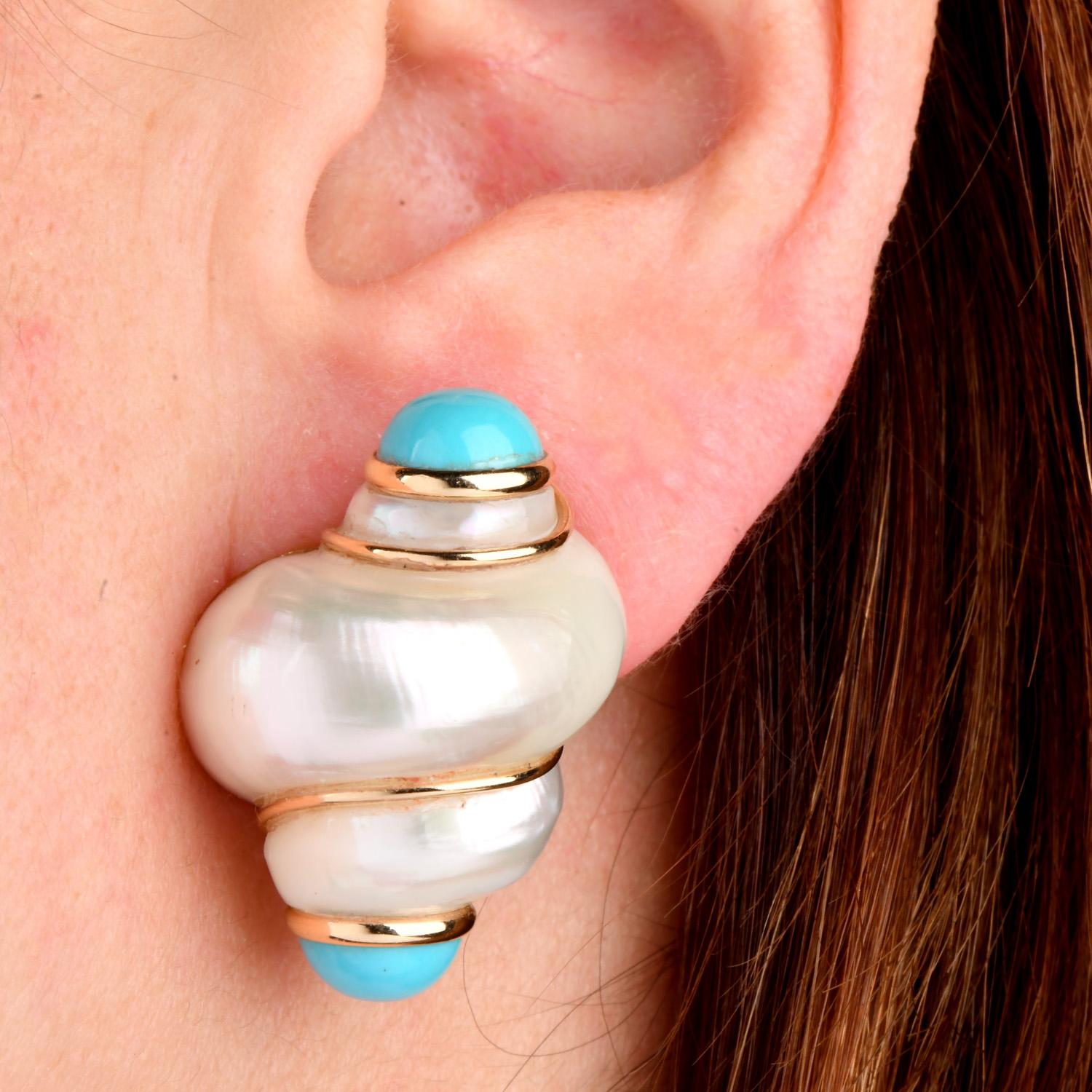 Boucles d'oreilles à clip en or 14k avec turquoise et coquillage de la marque Maz en vente 1