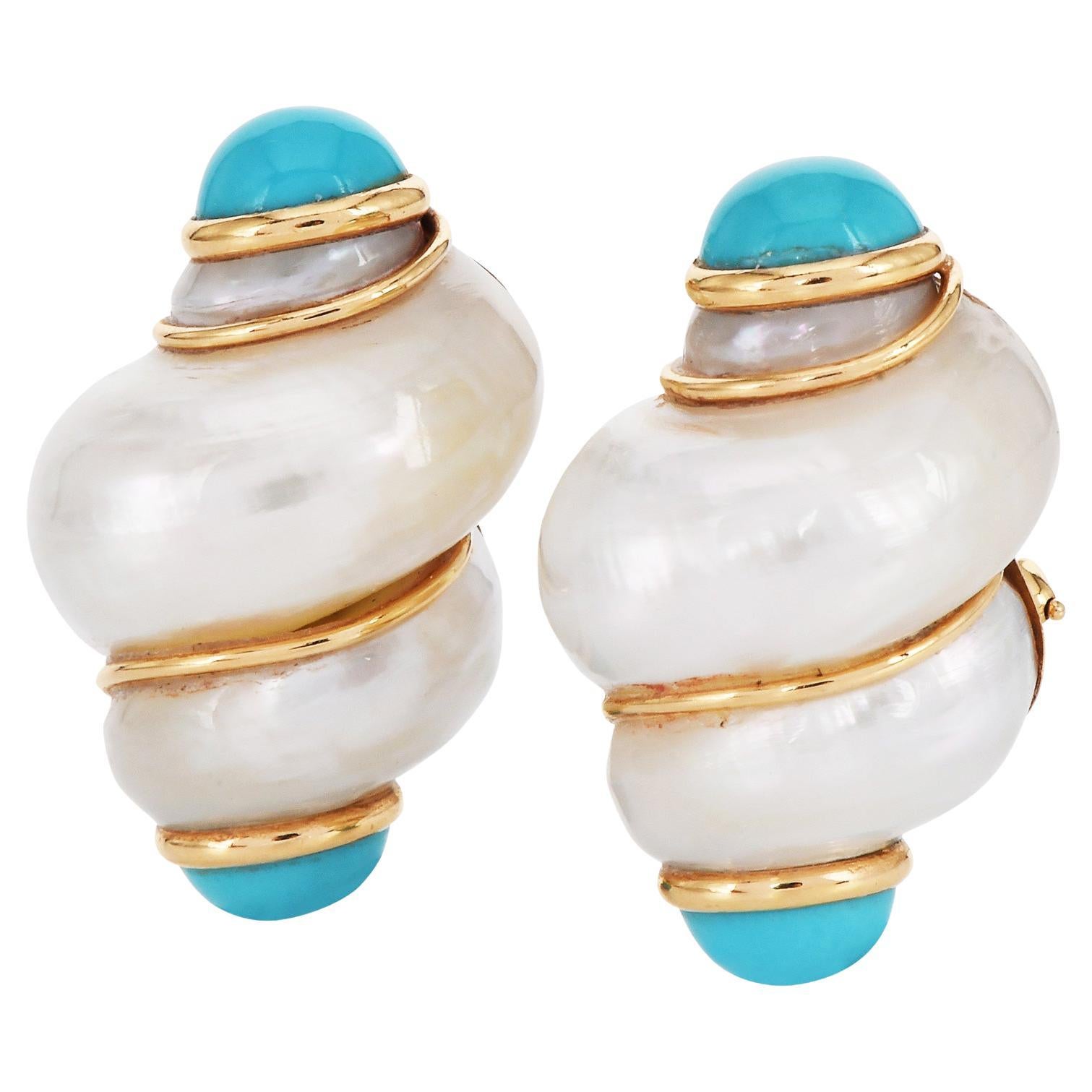 Boucles d'oreilles à clip en or 14k avec turquoise et coquillage de la marque Maz en vente