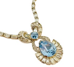 Vintage MAZER BROS. signed silver tone blue rhinestone designer necklace