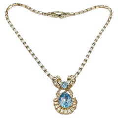 Vintage MAZER BROS. signed silver tone blue rhinestone designer necklace