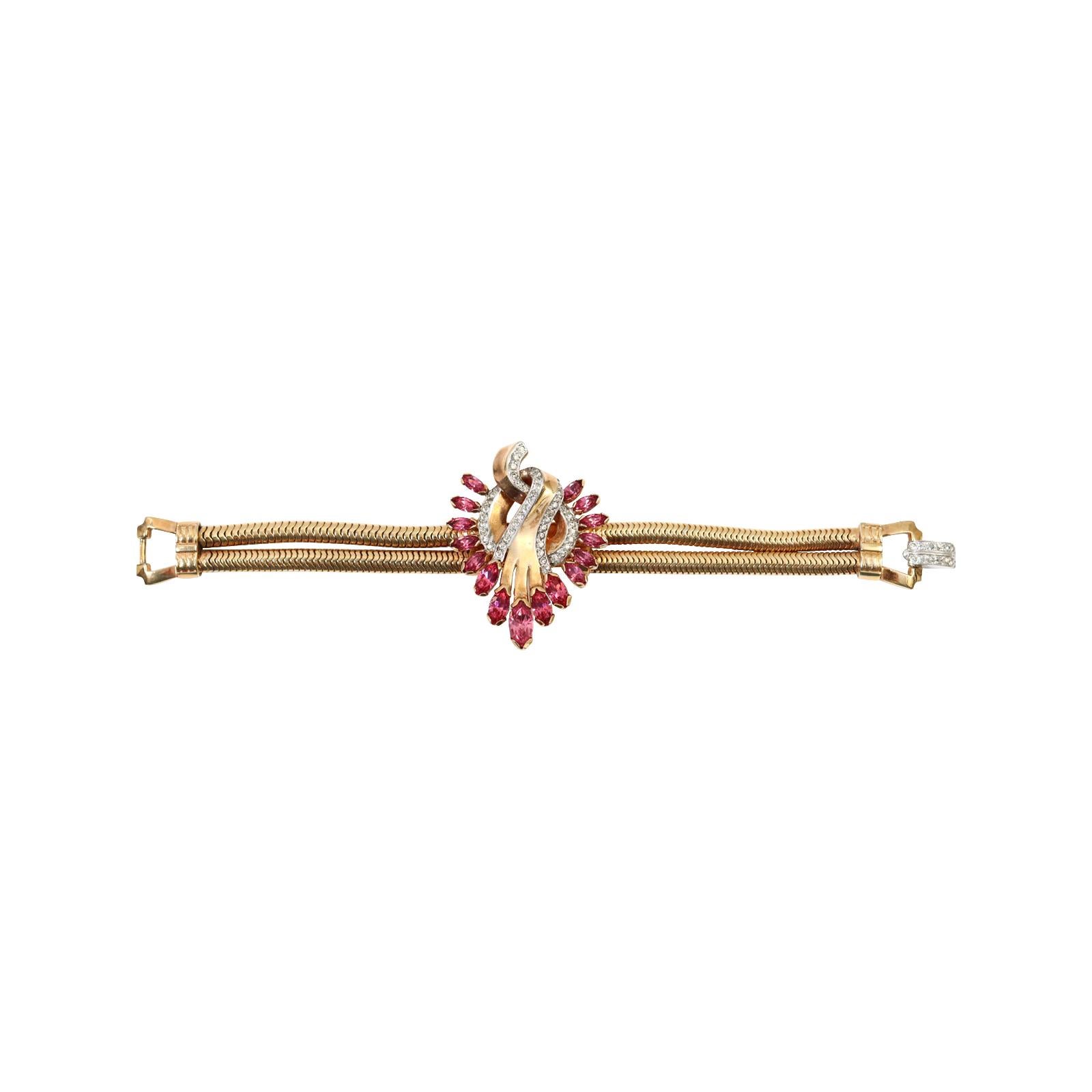 Vintage Mazer Gold und Diamanten mit rosa Armband, ca. 1960er Jahre im Angebot 2