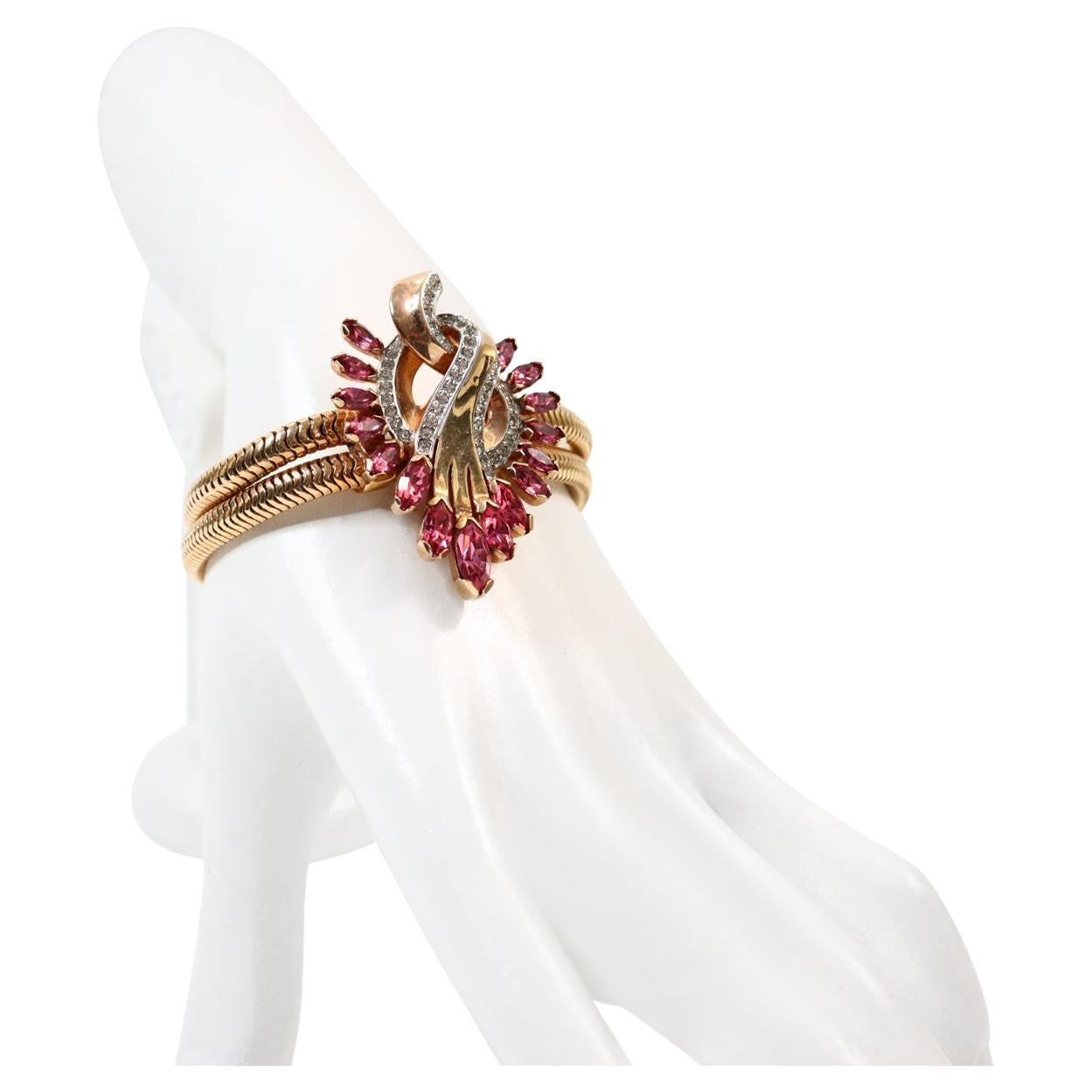 Vintage Mazer Gold und Diamanten mit rosa Armband, ca. 1960er Jahre.  Dies ist eines der schönsten und am besten verarbeiteten Armbänder in der Collection'S. Das sieht aus wie feiner Schmuck in seiner besten Form. Es gibt zwei schlangenähnliche