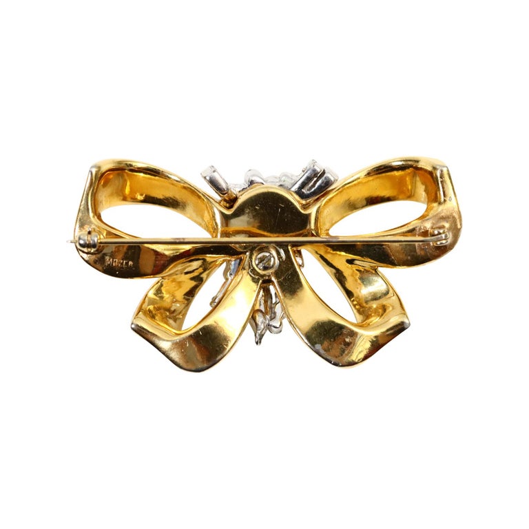 Artist Vintage Mazer Gold Bow Brooch with Diamante Flowers, Circa 1960s For Sale