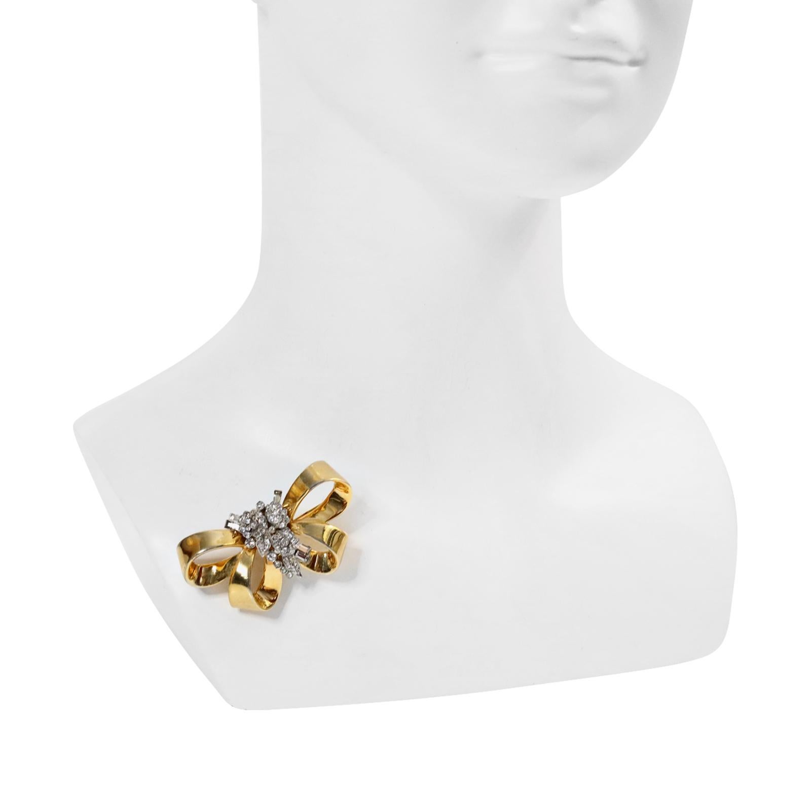 Vintage Mazer Gold Bow Brooch with Diamante Flowers Circa 1960s In Good Condition For Sale In New York, NY