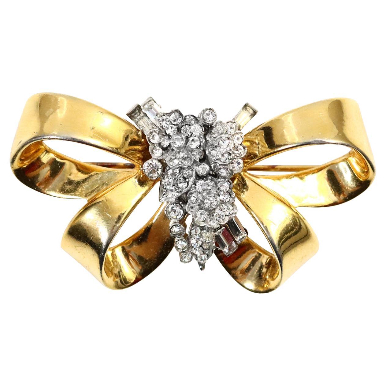 Vintage Mazer Gold Bow Brooch with Diamante Flowers Circa 1960s For Sale