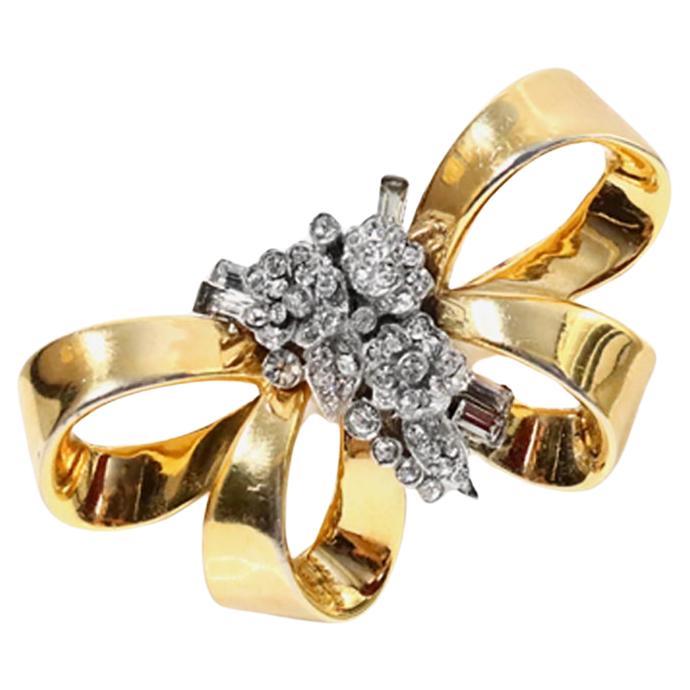 Vintage Mazer Goldschleifenbrosche mit Diamantblumen, Vintage, ca. 1960er Jahre