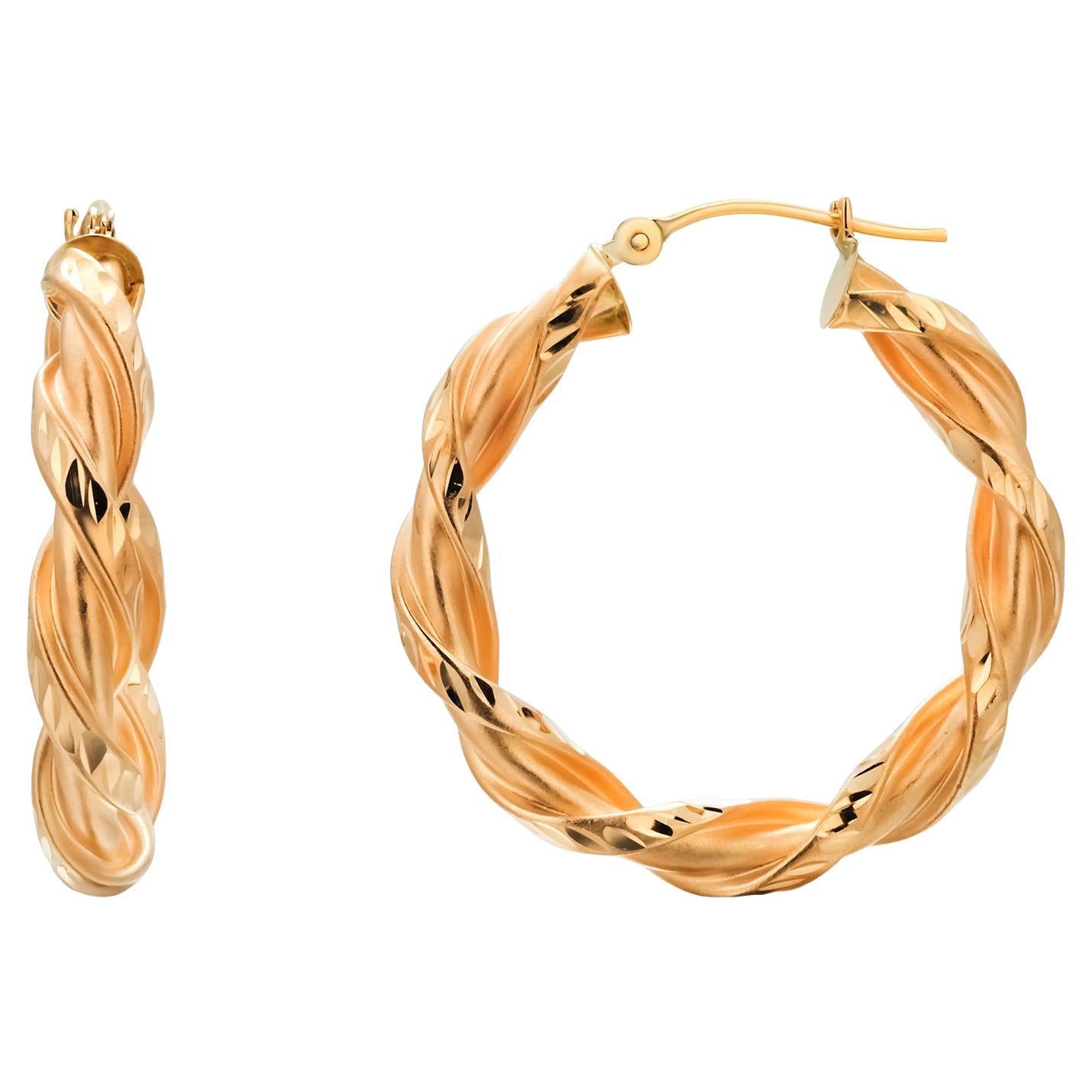 Vintage Mazza Bartholomew 14K Yellow Gold Twist Hoop Earrings 1" Diameter