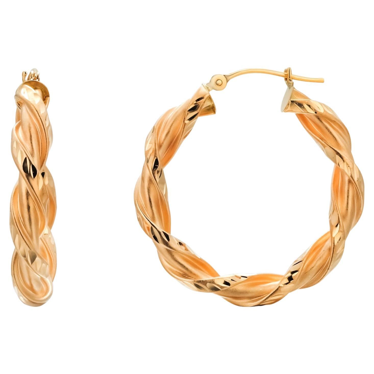 Vintage Mazza Bartholomew 14K Yellow Gold Twist Hoop Earrings 1" Diameter For Sale