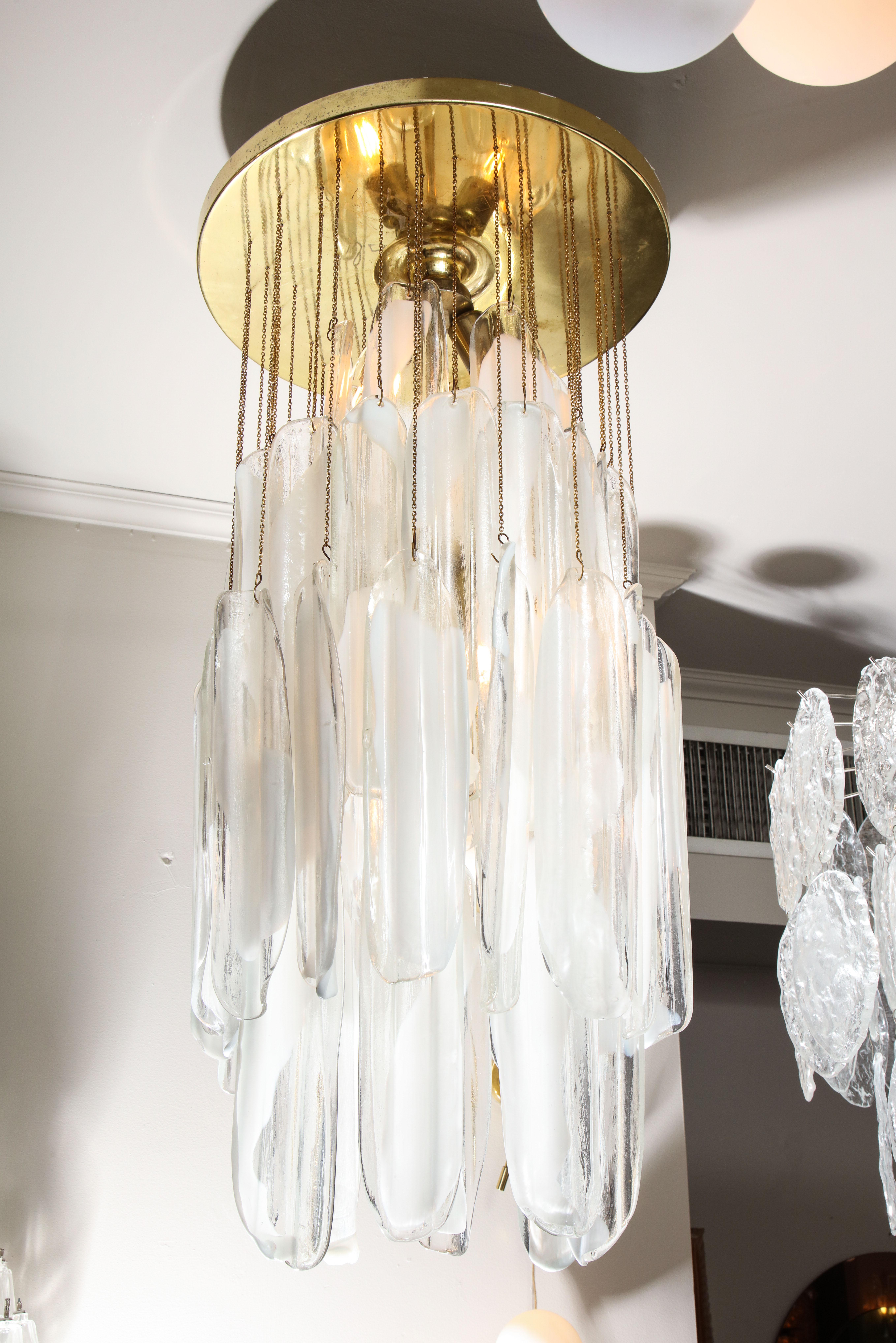 Mid-Century Modern Vintage Mazzega Clear and White Oblong Leaf Glass Chandelier For Sale