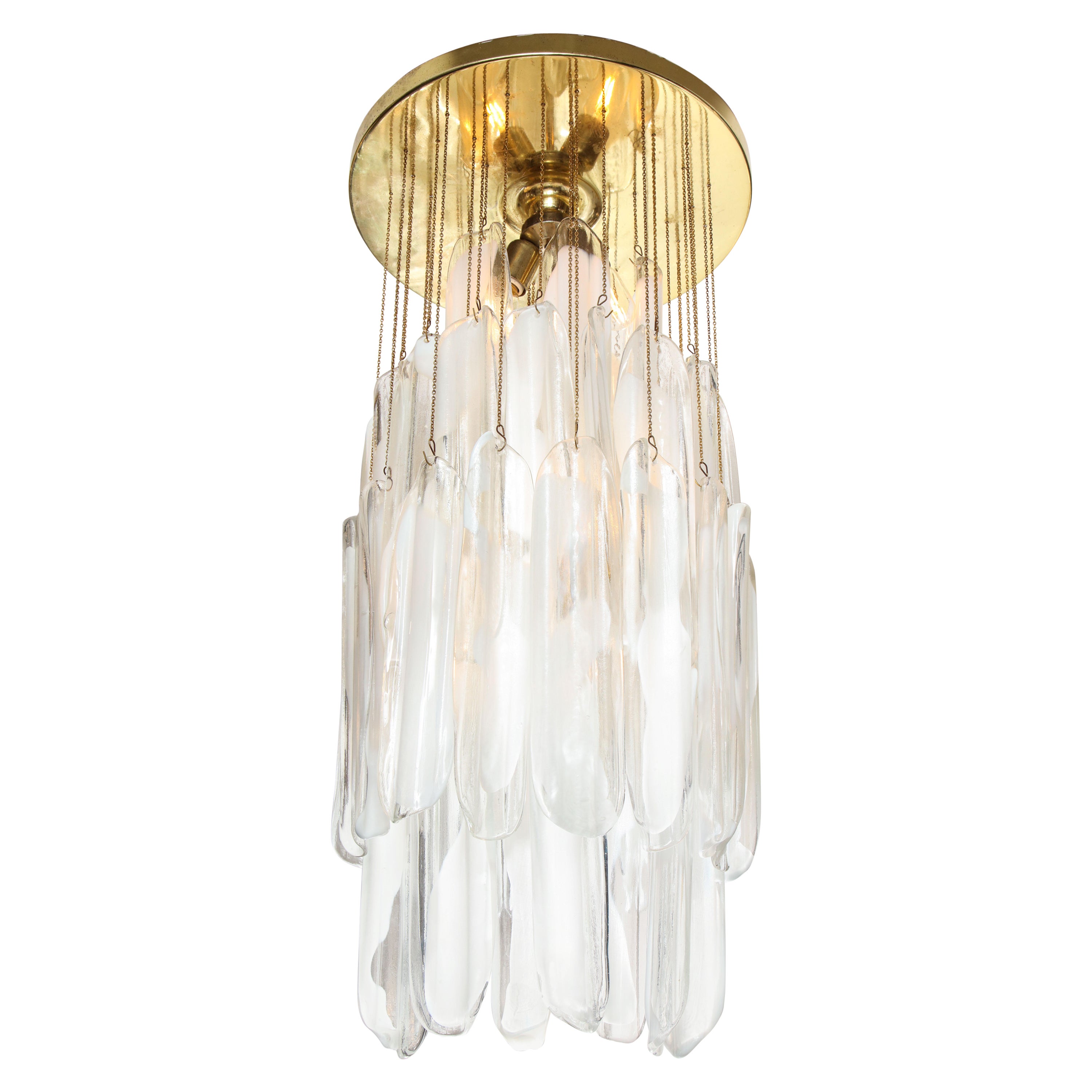 Lampadario vintage Mazzega in vetro trasparente e bianco a foglie oblunghe